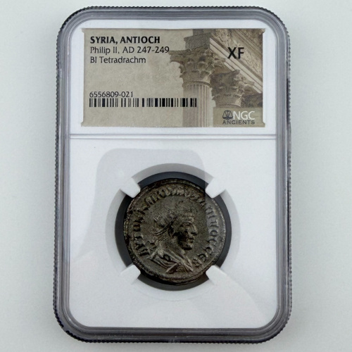 SYRIA, ANTIOCH Philip II (AD 247-249) BI Tetradrachm, NGC XF SYRIA, ANTIOCH Philip II (AD 247-249) BI Tetradrachm, NGC XF