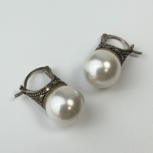 Vintage Marcasite And White Pearl 925 Silver Earrings Pierced Vintage Marcasite And White Pearl 925 Silver Earrings Pierced