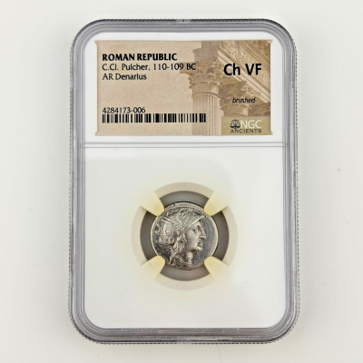 ROMAN REPUBLIC C. Claudius Pulcher (110-109 BC) AR denarius, NGC Ch VF ROMAN REPUBLIC C. Claudius Pulcher (110-109 BC) AR denarius, NGC Ch VF