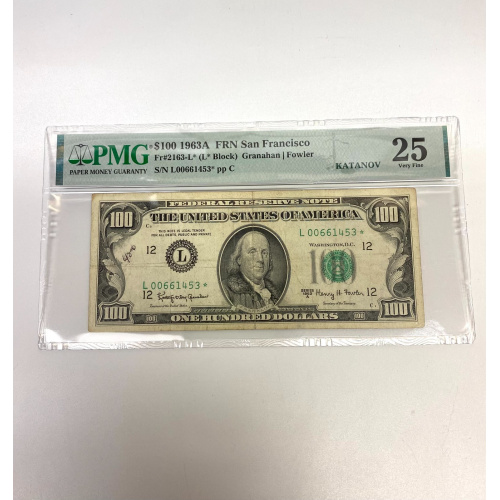 Fr 2163-L* (L* Block) $100 1963A San Francisco Star FRN Annotation Note. PMG 25 Fr 2163-L* (L* Block) $100 1963A San Francisco Star FRN Annotation Note. PMG 25