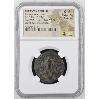 BYZANTINE EMPIRE Anonymous Jesus Christ Follis AE 975-1035 Class A2-3 NGC Ch F BYZANTINE EMPIRE Anonymous Jesus Christ Follis AE 975-1035 Class A2-3 NGC Ch F