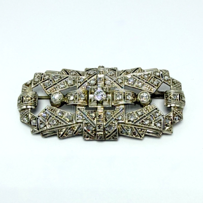 Vintage Art Deco Platinum Diamond Geometric Bar Brooch - Openwork Design Vintage Art Deco Platinum Diamond Geometric Bar Brooch - Openwork Design