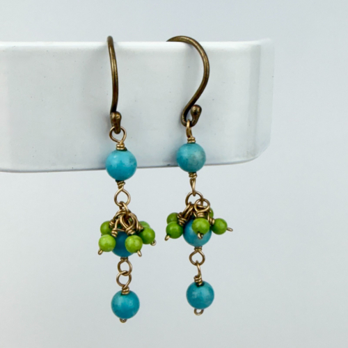 Gold Tone Aqua Blue & Light Green Chandelier Earrings Custom Jewelry Gold Tone Aqua Blue & Light Green Chandelier Earrings Custom Jewelry