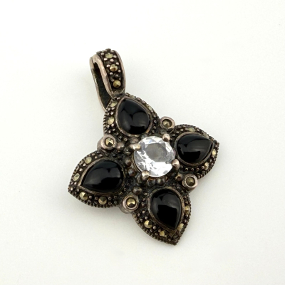 Vintage Thai Sterling Silver Black Onyx Marcasite & Achroite Tourmaline Pendant Vintage Thai Sterling Silver Black Onyx Marcasite & Achroite Tourmaline Pendant