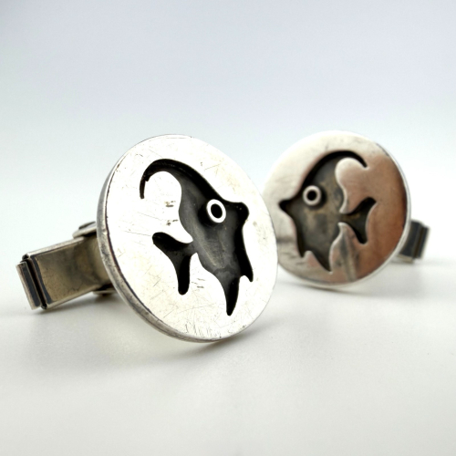 Vintage Hawaii Modernist Sterling Silver 925 Fish Round Cufflinks Vintage Hawaii Modernist Sterling Silver 925 Fish Round Cufflinks