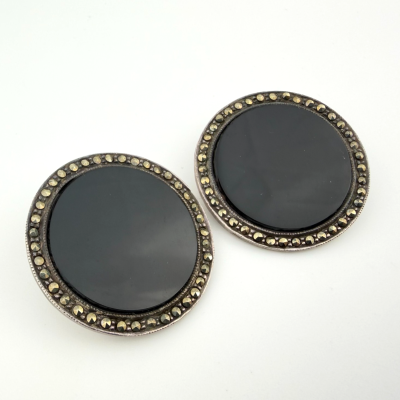 Vintage Art Deco Sterling Silver Black Onyx & Marcasite Clip Earrings Vintage Art Deco Sterling Silver Black Onyx & Marcasite Clip Earrings