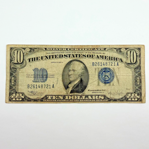 1934-C $10 Silver Certificate Blue Seal Note New York B 1934-C $10 Silver Certificate Blue Seal Note New York B