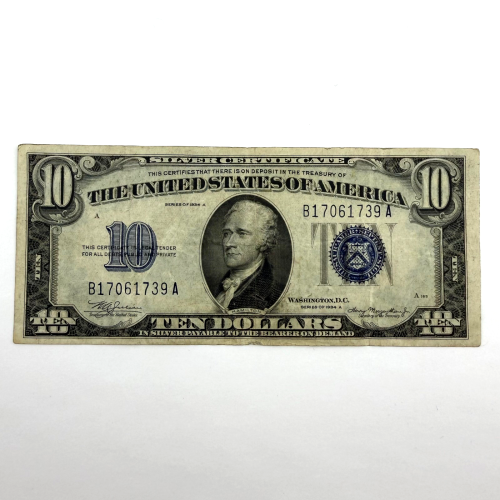 1934-A $10 Silver Certificate Blue Seal Note New York B 1934-A $10 Silver Certificate Blue Seal Note New York B