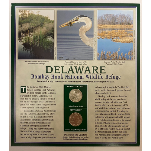 2015 P + D Delaware Bombay Hook Refuge Quarters + Stamps Placard w/Protector PCS 2015 P + D Delaware Bombay Hook Refuge Quarters + Stamps Placard w/Protector PCS
