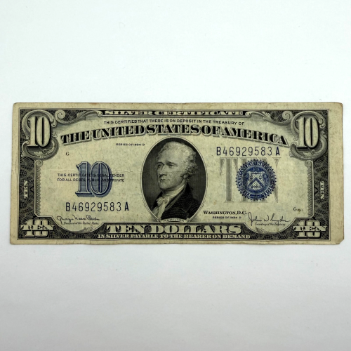 1934-D $10 Silver Certificate Blue Seal Note New York B 1934-D $10 Silver Certificate Blue Seal Note New York B