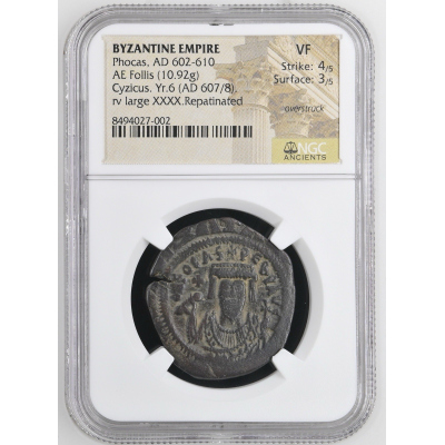 Byzantine Phocas AE Follis 607/8 Cyzicus Year 6 NGC VF Overstruck Byzantine Phocas AE Follis 607/8 Cyzicus Year 6 NGC VF Overstruck