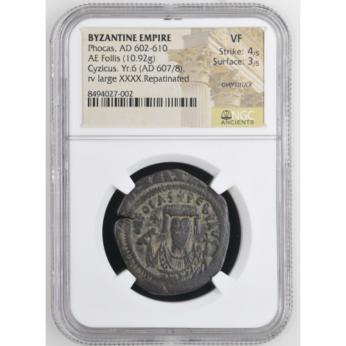 Byzantine Phocas AE Follis 607/8 Cyzicus Year 6 NGC VF Overstruck Byzantine Phocas AE Follis 607/8 Cyzicus Year 6 NGC VF Overstruck