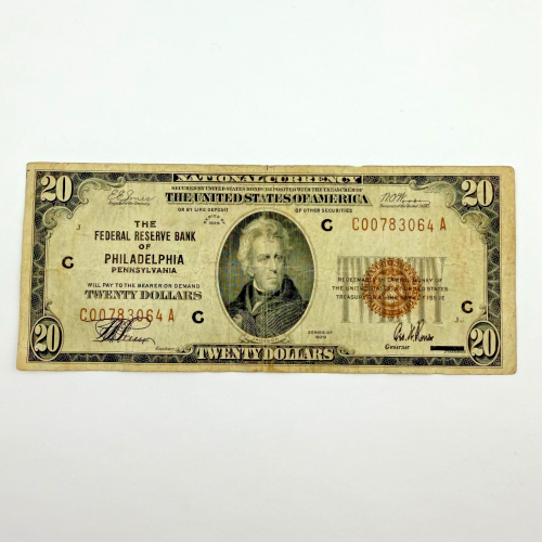 1929 $20 Brown Seal FRBN Philadelphia PA District C 1929 $20 Brown Seal FRBN Philadelphia PA District C