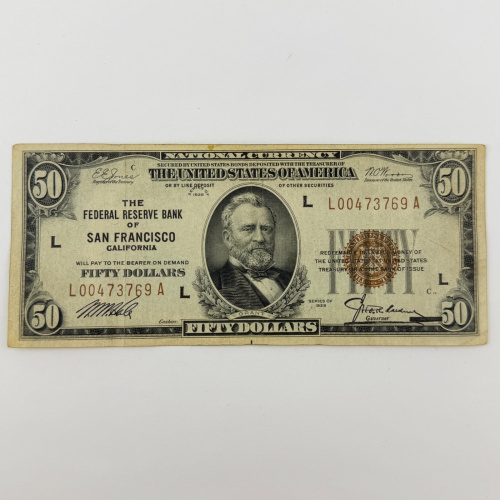 Rare Depression Era 1929 $50 FRBN Brown Seal - Low Serial B00473769A NY Rare Depression Era 1929 $50 FRBN Brown Seal - Low Serial B00473769A NY