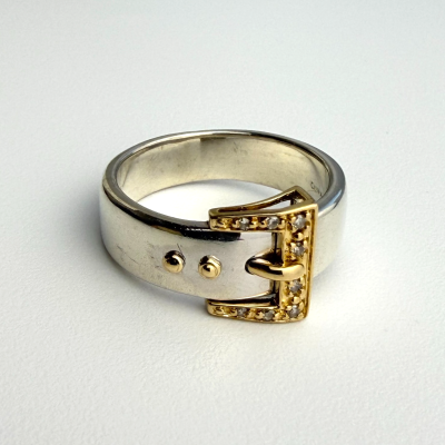 925 Silver Belt Buckle Ring with 14K Gold Buckle Detail and Sapphires - Size 10 925 Silver Belt Buckle Ring with 14K Gold Buckle Detail and Sapphires - Size 10