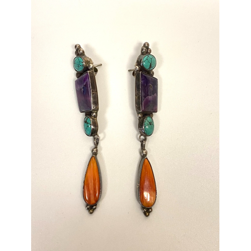 Multi-Stone & Sterling Silver Earrings by Albert Lee Navajo Multi-Stone & Sterling Silver Earrings by Albert Lee Navajo