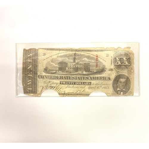 April 6th 1863 CSA Confederate States Note $20 Twenty Dollars Cancel Cut April 6th 1863 CSA Confederate States Note $20 Twenty Dollars Cancel Cut