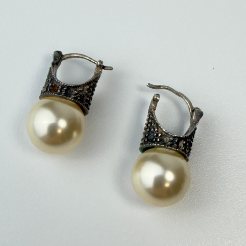 Vintage Marcasite And White Pearl Silver Earrings Pierced Vintage Marcasite And White Pearl Silver Earrings Pierced