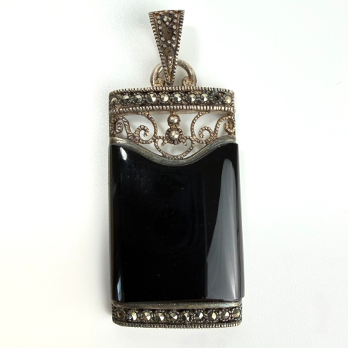 Vintage Rectangular Sterling Silver Black Onyx And Marcasite Pendant Vintage Rectangular Sterling Silver Black Onyx And Marcasite Pendant