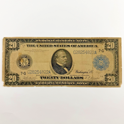 1914 $20 Large Federal Reserve Note Blue Seal, Double 22, Serial G28254822A 1914 $20 Large Federal Reserve Note Blue Seal, Double 22, Serial G28254822A