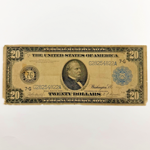 1914 $20 Large Federal Reserve Note Blue Seal, Double 22, Serial G28254822A 1914 $20 Large Federal Reserve Note Blue Seal, Double 22, Serial G28254822A