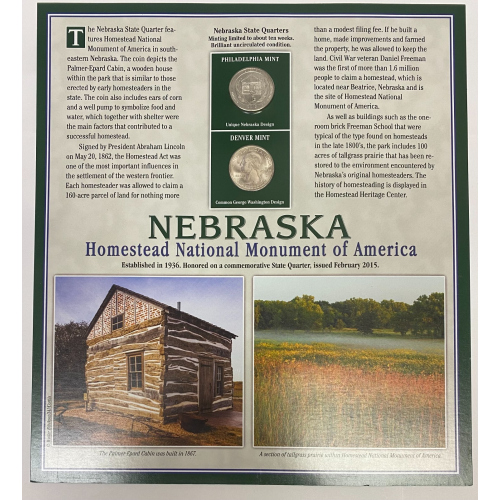 2015 P +D Nebraska Homestead Monumen Quarters + 2 Stamps Placard w/Protector PCS 2015 P +D Nebraska Homestead Monumen Quarters + 2 Stamps Placard w/Protector PCS