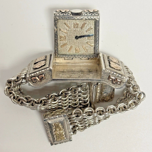 Rare Swiss 935 Sterling Silver Hidden Secret Watch Bracelet Gold Plated Vintage2 Rare Swiss 935 Sterling Silver Hidden Secret Watch Bracelet Gold Plated Vintage2