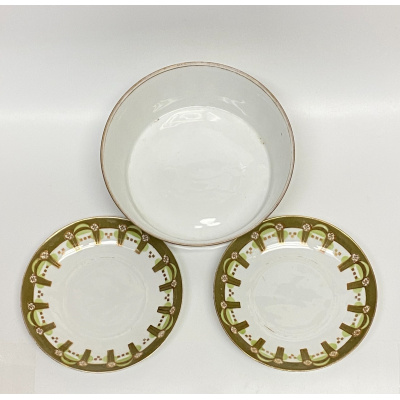 2 Porcelain teacup plates and a Porcelain drainer by Gardner Moscow 2 Porcelain teacup plates and a Porcelain drainer by Gardner Moscow