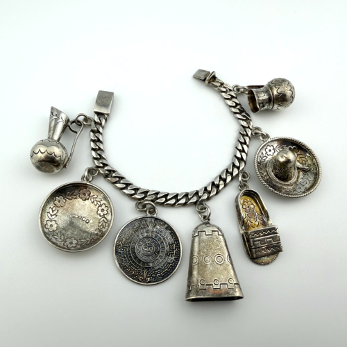 Vintage Sterling Silver Castelan Mexico Charm Link Southwestern Bracelet, 7” Vintage Sterling Silver Castelan Mexico Charm Link Southwestern Bracelet, 7”