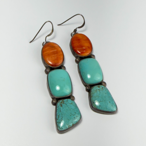 Blue Turquoise Red Spiny Ouster Navajo Sterling Silver Inlay Earrings Signed pp Blue Turquoise Red Spiny Ouster Navajo Sterling Silver Inlay Earrings Signed pp
