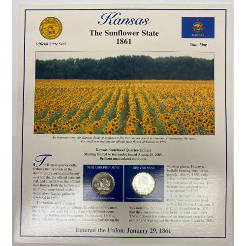 2005 Postal Commemorative Society Statehood Quarter/stamps Kansas P & D 2005 Postal Commemorative Society Statehood Quarter/stamps Kansas P & D