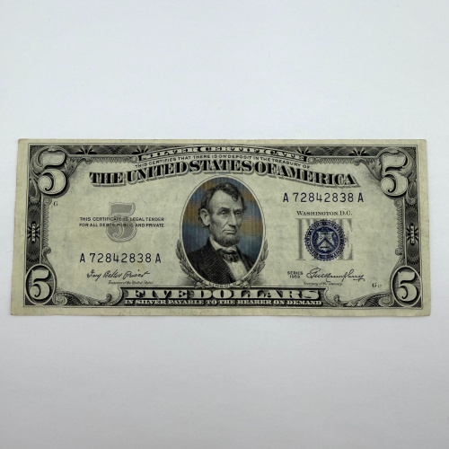 1953 Series $5 Blue Seal Silver Certificate, Serial A72842838A, Boston A Distr. 1953 Series $5 Blue Seal Silver Certificate, Serial A72842838A, Boston A Distr.