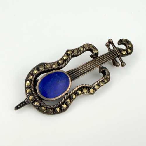 Vintage 925 Sterling Silver Sodalite & Marcasite GUITAR Brooch Pin Vintage 925 Sterling Silver Sodalite & Marcasite GUITAR Brooch Pin