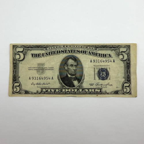 1953 Series $5 Blue Seal Silver Certificate, Serial A93164954A, Boston A Distr. 1953 Series $5 Blue Seal Silver Certificate, Serial A93164954A, Boston A Distr.