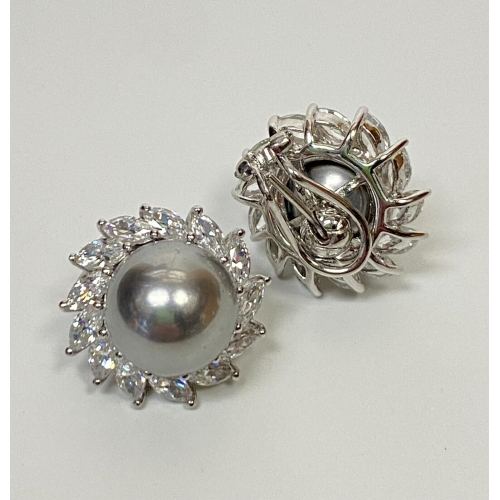 Silver Clip-On Earrings CZ and Faux Perl Silver Clip-On Earrings CZ and Faux Perl