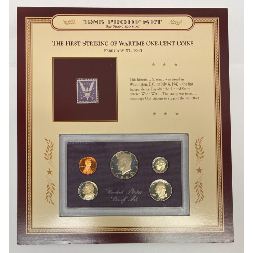 1985 San Francisco Mint Proof Set with Historic 1942 First Independence Day Stam 1985 San Francisco Mint Proof Set with Historic 1942 First Independence Day Stam