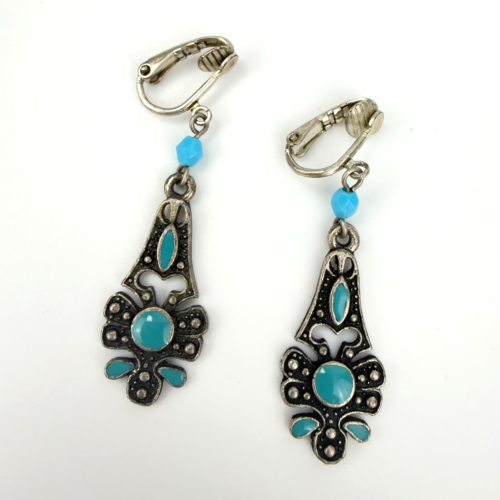 Vintage French art Nouveau Style Turquoise Enamel and Silver Plated Clip Earring Vintage French art Nouveau Style Turquoise Enamel and Silver Plated Clip Earring