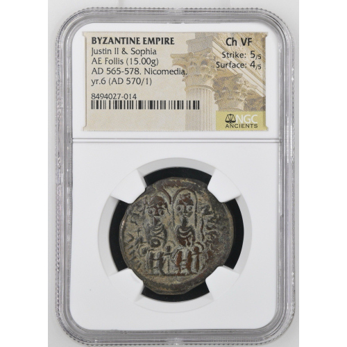 BYZANTINE EMPIRE Justin II & Sophia AE Follis 570/1 Nicomedia NGC Ch VF BYZANTINE EMPIRE Justin II & Sophia AE Follis 570/1 Nicomedia NGC Ch VF