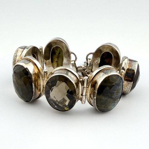 Sterling Silver 925 Large Smokey Quartz and Labradorite Gemstone Bracelet Sterling Silver 925 Large Smokey Quartz and Labradorite Gemstone Bracelet