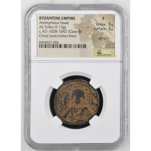 Byzantine Empire Anonymous AE Follis Class B 1028-1042 Christ NGC F 3/5 3/5 Byzantine Empire Anonymous AE Follis Class B 1028-1042 Christ NGC F 3/5 3/5