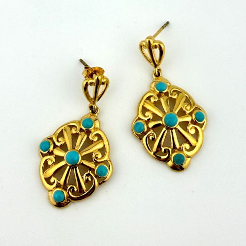 Sally C Treasures 925 Sterling Silver Vermeil Turquoise Ornate Dangle Earrings Sally C Treasures 925 Sterling Silver Vermeil Turquoise Ornate Dangle Earrings
