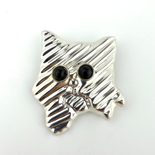 Vintage Sterling Silver Mexico Modernist Cat Brooch Pin Black Eyes circa 1980s' Vintage Sterling Silver Mexico Modernist Cat Brooch Pin Black Eyes circa 1980s'