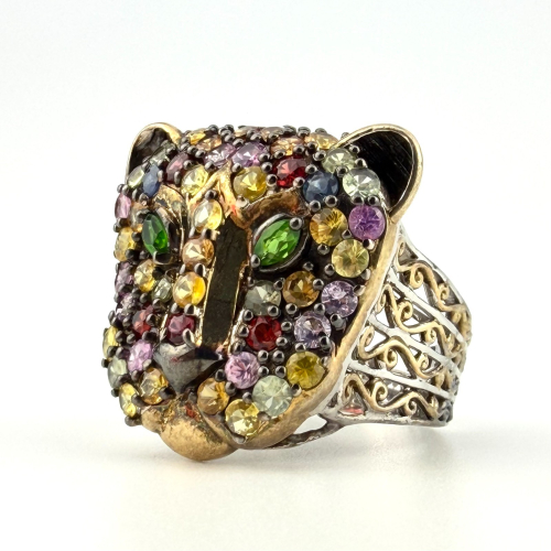 Multi Gemstone Silver Panther/Jaguar Head Ring Sz.11 Multi Gemstone Silver Panther/Jaguar Head Ring Sz.11
