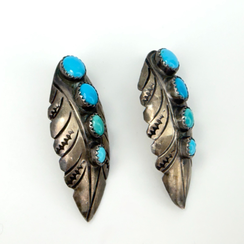Navajo Sterling Silver 925 Turquoise Feather Stud Earrings Signed C/J NEZ Navajo Sterling Silver 925 Turquoise Feather Stud Earrings Signed C/J NEZ