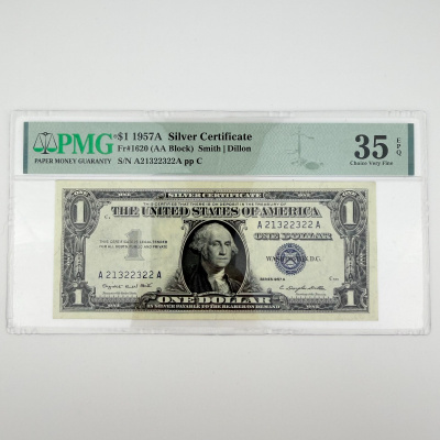 1957A $1 Silver Cert. Fr. 1620 AA Block PMG 35 EPQ Smith/Dillon A21322322A 1957A $1 Silver Cert. Fr. 1620 AA Block PMG 35 EPQ Smith/Dillon A21322322A