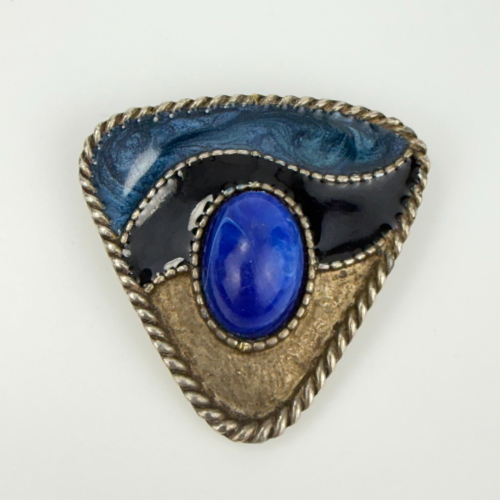 Vintage Triangle Metal Bolo Tie Blue Sodalite Blue Enamel, Western Design Vintage Triangle Metal Bolo Tie Blue Sodalite Blue Enamel, Western Design