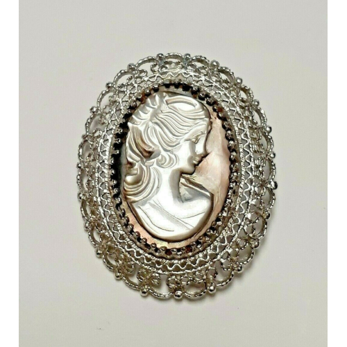 Vtg. Sterling Silver Oval Black Mother of Pearl Cameo Pin Brooch/ Pendant K.L. Vtg. Sterling Silver Oval Black Mother of Pearl Cameo Pin Brooch/ Pendant K.L.