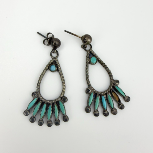 Vintage Silver Turquoise Zuni Petit Style Point Pierced Earrings Vintage Silver Turquoise Zuni Petit Style Point Pierced Earrings