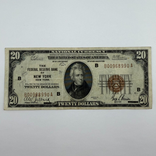 1929 $20 Federal Reserve Bank Note of New York Brown Seal 1929 $20 Federal Reserve Bank Note of New York Brown Seal