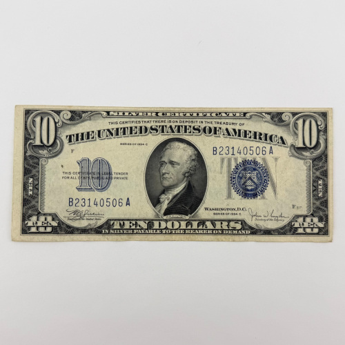 1934-C $10 Silver Certificate Blue Seal Note - Serial B23140506A New York B 1934-C $10 Silver Certificate Blue Seal Note - Serial B23140506A New York B